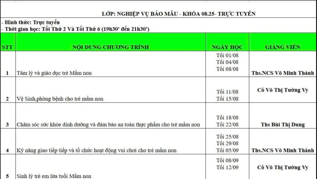 Lịch khai giảng các khoá Nghiệp vụ sư phạm tháng 8