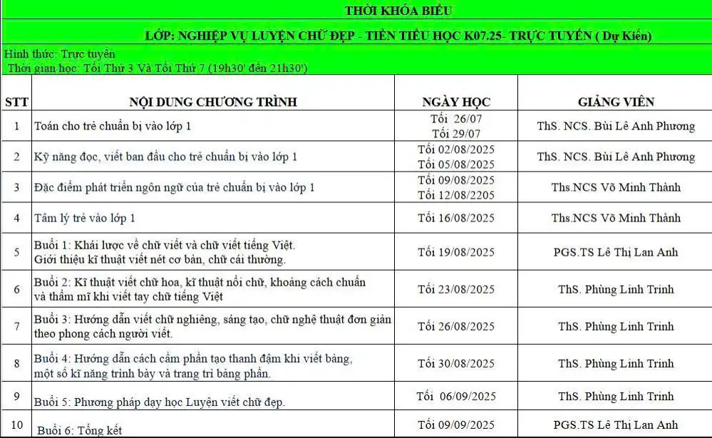 Lịch khai giảng các khoá Nghiệp vụ sư phạm tháng 8